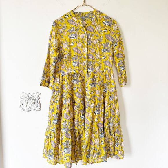 Shade Amour Yellow and Pink Block Print Floral Tiered Button Front Dress S - Picture 1 of 6